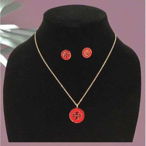 RED AND GOLD  ENAMEL EARRINGS AND NECKLACE SET - Picture 1 of 4